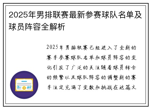 2025年男排联赛最新参赛球队名单及球员阵容全解析