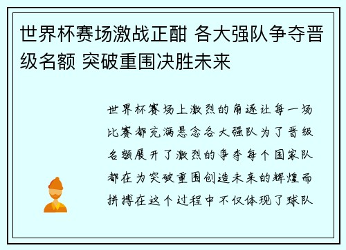 世界杯赛场激战正酣 各大强队争夺晋级名额 突破重围决胜未来