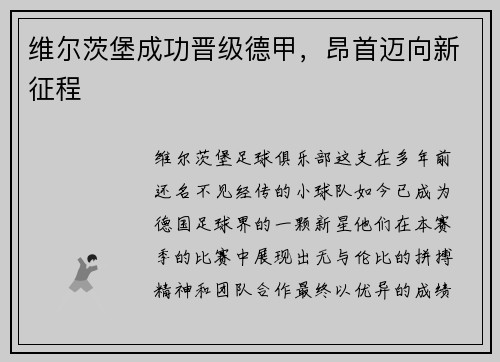 维尔茨堡成功晋级德甲，昂首迈向新征程